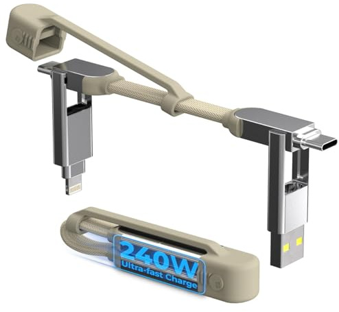 Rolling Square inCharge XS – 240W 4in1 Ladekabel Schlüsselanhänger, Typ-C Ladekabel Schnellladen, Universal Ladekabel USB C/Lightning/USB mit Metallgehäuse für Datenübertragung, N52 Magnete, Beige