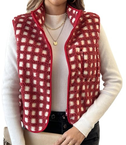 Yassiglia Women's Fuzzy Checkered Vest Sleeveless Zip Up Vest Jacket for Fall Spring Y2K Sleeveless Cardigan Outerwear Vests (Red, M)