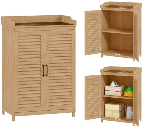Outsunny Gartenschrank Holz Arbeitsfläche Lamellentür 65,5x40x98,5cm Gelb | Wetterfest Geräteschrank, Geräteschuppen mit Ablagen, Werkzeugschrank Gartenschuppen, für Garten, Terrasse
