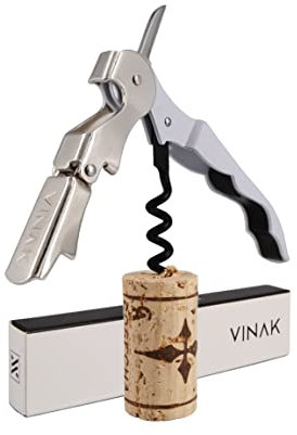 VINAK - Pack de 25 sacacorchos CAMARERO profesionales en acero inoxidable con abrebotellas + doble apoyo articulado + navaja cortacápsulas y espiral teflonada (Pack 25 Blanco)