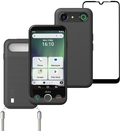 Doro Aurora A10 Protect Pack EU - Senioren-Smartphone - Einfach zu bedienen - Assistenz-Taste mit GPS-Ortung - Hörgeräte-kompatibel - Inklusive USB-Kabel - TPU Schutzhülle und Schutzglas