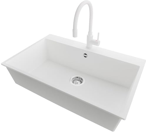 PRIMAGRAN Fregadero Granito al Mueble 80cm + Grifo, 78x50cm | Set: Grifo BW6020 + Kit de desagüe (sifón, válvula, rebosadero) + Riga 1 Seno para Cocina, Blanco