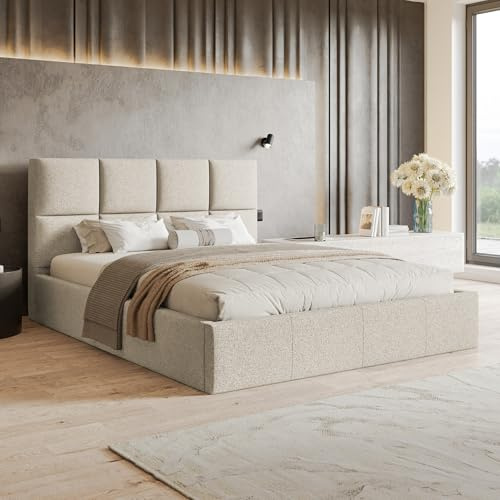 MOTIVENA Star Bett 200x200 Beige Strukturstoff, mit Stauraum, mit Kopfteil, mit Lattenrost, ohne Füße, ohne Matratze, Polsterbett 200x200 mit Bettkasten Beige (Creme)