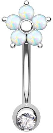CM Crareesi Mania Cute Flower Titanium Rook Eyebrow Piercing Jewellery Silver 16G Rook Earrings Curved Barbell with Opal Bar for Women 8mm