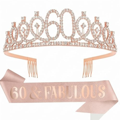 Set Diadème et Écharpe 60 Ans Femme, « 60 & Fabulous » Couronne Argentée Strass Accessoires Anniversaire 60 Ans Décoration Cadeau