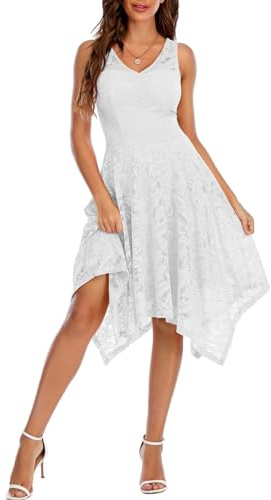 Meetjen V-Neck Lace Cocktail Dress Asymmetrical Dresses Elegant Lace Sleeveless Handkerchief Hem Party Dress White XL