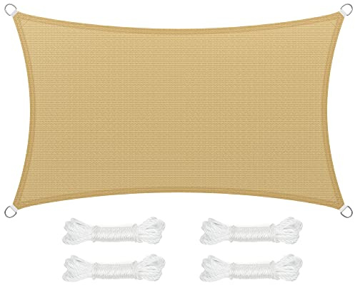 SONGMICS Vela de Sombra de 3 x 5 m, Tejido HDPE de Protección Solar, Transpirable, Permeable al Agua, Rectangular, Cóncava, Cuerdas de 2 m, Amarillo Arena GSS35EYV1