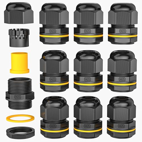 PEBA® IP68 Waterproof Black Cable Glands 25mm, M25 x 1.5 Outdoor Electrical Box Cable Gland, Suitable for 4mm - 14mm Cables, Cable Compression Glands with Locknut, Black Cable Glands Joints