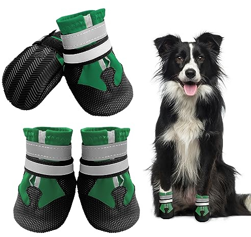 NeuWook Hundeschuhe, 4er-Set wasserdichte Hundeschuhe Anti-rutsch Hundestiefe mit reflektierendem Riemen, Breathable Hundestiefel Pfotenschutz für Kleine Mittelgroße Hunde (M, Grün)