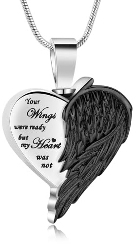 QGJNSGC Collier pendentif urne pour cendres avec ailes d'ange pour femmes/hommes, bijou de crémation en forme de cœur, pendentif urne pour cendres, médaillon commémoratif, porte-cendres, Acier