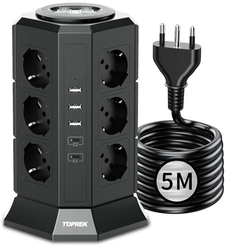 TOPREK Ciabatta Multipresa Verticale con 12 Prese e 2 Interruttore, 5M Cavo