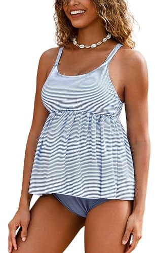 GINKANA Maternity Tankinis Swimsuits 2 Pieces Swimwear Peplum Ruffle Hem Pregnancy Bathing Suits Flower Print Swim Suits,Blue Stripe,XL