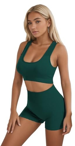 dohomiryo Donna Set di Abbigliamento Yoga Reggiseno Sportivo+Leggings 2 Pezzi Tuta Sportiva Palestra Fitness Activewear Verde scuro L