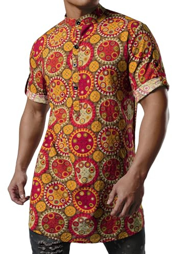 JOGAL Mens Striped Henley Shirt Short Sleeve Traditional African Style Dashiki Shirts Red Orange Large