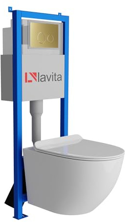 Lavita LAV 101 - Elemento de pared para inodoro de 40 cm + lavabo de pared para lavabo profundo, color blanco, sin borde y placa de control LAV 200.4.5 dorado, juego completo, cisterna empotrada, set