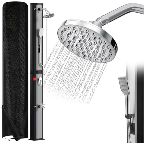 SWANEW Doccia solare da 60 litri, doccia solare da giardino, con cappuccio protettivo e doccetta, soffione orientabile di 180°, doccia a piedi integrata, max. 60 °C (argento)