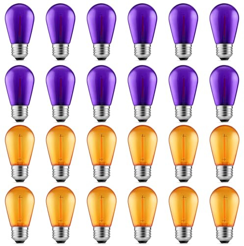 Meconard S14 Purple and Orange LED Light Bulbs, 24Pack 1W Plastic Shatterproof Waterproof LED Bulbs for Indoor Outdoor String Lights, E26 Base, Halloween Decoration, String Light Replacement Bulbs