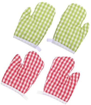 PRETYZOOM Heat Resistant Oven Mitts Set 2 Pairs, Quilted Cotton Kitchen Gloves for Baking and Cooking, Insulated Hot Gloves with Scald Protection, Red and Green Plaid Design for Home Use