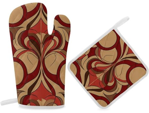 Lot de 2 gants de cuisine et maniques résistants à la chaleur - Gants de barbecue - Motif rouge