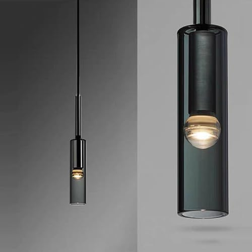 HAOZIWEI Lampada a sospensione in vetro diametro 7 cm Tubo lungo per isola della cucina Cilindro regolabile Illuminazione grigio fumo Nero Cafe Restaurant Bar