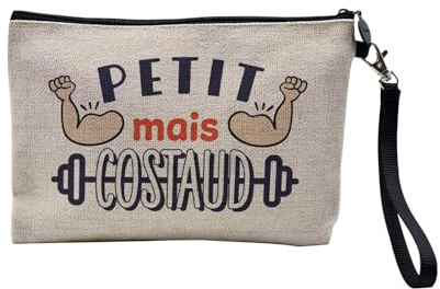 Pochette en Lin - Petit mais Costaud Haltères Muscu Workout - Trousse Maquillage en Toile Aspect Lin - Trousse de Toilette - 23,5 x15 cm