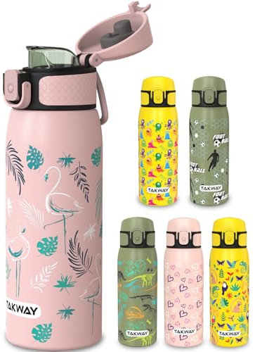 TAKWAY Edelstahl Trinkflasche Kinder 550ml - Auslaufsicher, isoliert und Kohlensäure geeignet - Flasche für Schule, Sport (Flamingo)