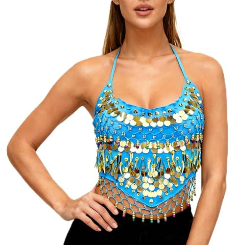 Baisdan Costume da danza del ventre con top corto regolabile con paillettes Halter reggiseno danza del ventre, Azzurro, Taglia unica