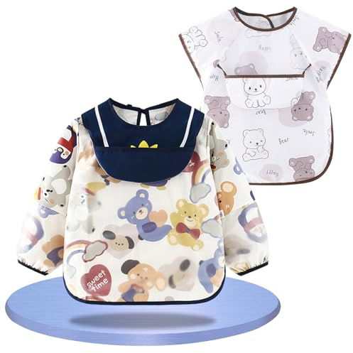 Set di 2 Bavaglini con Maniche Lunghe e Corte Impermeabili, Grembiule per Pappa con Maniche, Bavaglino Svezzamento e Pittura Bambini per Bambini 6-36 Mesi per Alimentazione Pittura (Bianco, M)