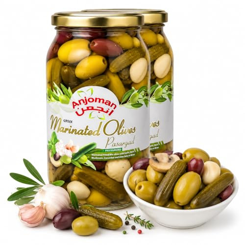 ANJOMAN Marinated Greek Olives Pasargad - Garlic Mushroom Herb Pitted Green & Kalamata Mix | 2 x 1L Glass Jar Pack (2L Total)