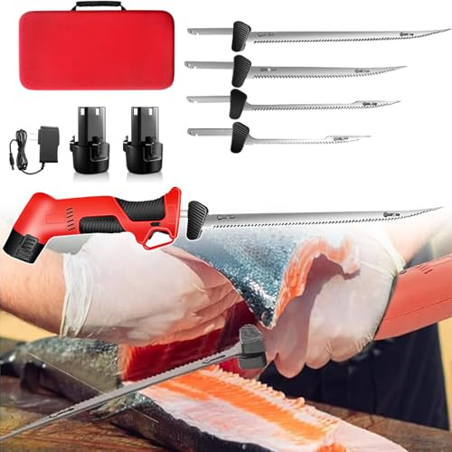 12v Sladdlös Elektrisk Fiskfilékniv | Uppladdningsbar Fiskfilékniv Med 4 Non-Stick-Blad, Dubbla Batterier För Långvarig Användning Och Halkfritt Handtag För Fiske, Jakt Och Resor