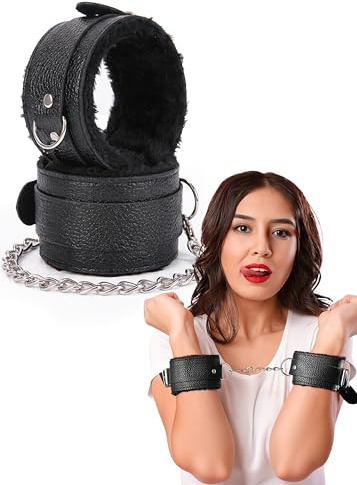 Fluffy Handcuffs with Connect Chain Adjustable Strap Lock Fluffy Adult Handcuffs Faux Leather Fluffy Handcuffs Adjustable Cosplay