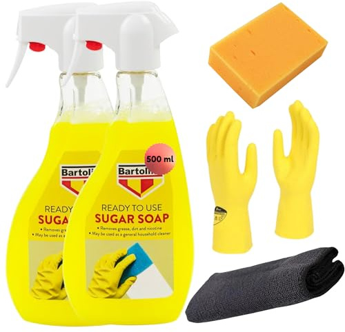 Sugar Soap Ready To Use Spray 2 x 500ml Bundle With Sponge, Microfibre Cloths and Latex Gloves (5 Items) | Multi Purpose Wall Cleaner for Decorating Prep, Grease and Grime Removal
