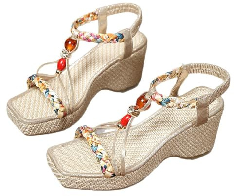 Sommarsandaler damer platt, damer ortopediska sandaler bohemiska sandaler platåsandaler med strass pärlor eleganta sandaletter lätta sommarskor kilklack strandsandaler bekväma kilsandaler, Guld, 40 EU