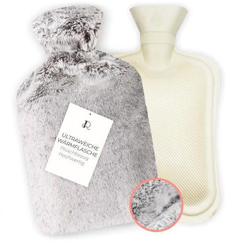 RISSLER Bouillotte Housse Ultra Douce Premium 2.0L – Housse en peluche doublée – Bouillotte à eau - Soulage Règles douleureuses & Maux de Ventre – Chaleur gantie 7H (PremiumGris)