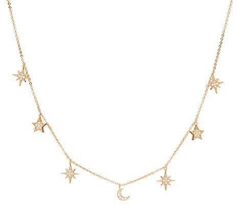 Brandlinger ® Atelier Goldkette Damen aus vergoldetem 925 Sterling Silber mit Mond und Stern Anhängern. Halskette mit Länge 40 cm + 5 cm Verlängerung