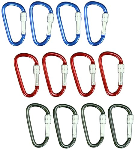 Harrier Hardware 12-Pack Locking Carabiner Keychain, 2.6-Inch, Aluminum, Black Red Blue
