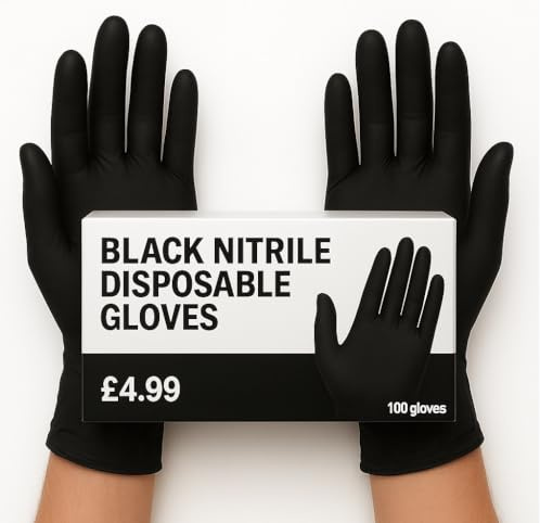 JB London] Black Nitrile Disposable Gloves | Latex Free | Powder Free | Medical Exam Gloves | Use in Surgical, Home, Cleaning, and Food Gloves | Extra Strong and Thick –Box of 100 – Black - (Large)