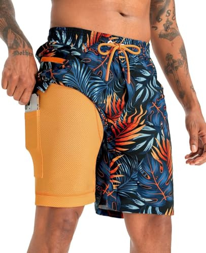 APTRO 2 in 1 Men's Swim Trunks 9 with Zipper Pockets Bathing Suit Built-in Board Shorts Swimwear Long Shorts Palm Orange L