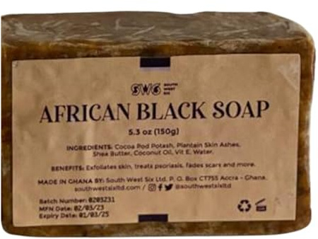 South West Six 100% Raw African Black Soap, 5oz, Prevents Acne, Psoriasis, Eczema, No Burning, with Shea Butter, Vitamin E, Coconut Oil, Made in Ghana