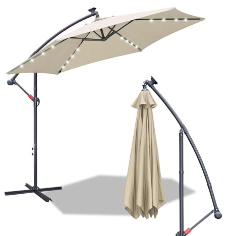 Fiqops Parasol solaire LED 3.5M avec manivelle - En aluminium - Avec support - Protection UV, Parasol de marché étanche pour le jardin, Beige