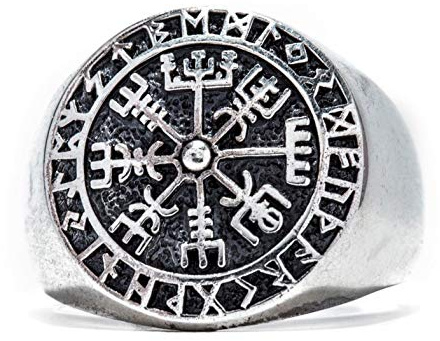 Windalf 925 Sterlingsilber Runen Vikings Ring VEGVISIR 18 mm Wikinger Kompass Siegelring