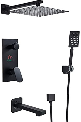 Système De Douche Noir Ensemble De Robinet De Douche À Affichage Numérique À Led Avec Bec De Baignoire, Ensemble Combiné De Douche Mural, Mitigeur À Poignée Unique En Laiton Avec Douche À Main, Pomme