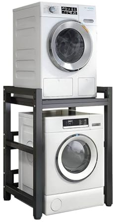 Support de sèche-linge réglable en hauteur – Kit d'empilage avec capacité de charge de 400 kg – Support de rangement pour lave-linge à chargement frontal et sèche-linge (cadre noir + noir)