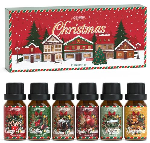 SALUBRITO Weihnachten Ätherische Öle Set für Diffuser, Naturrein Aromatherapie Duftöl für Diffusor 6 x 10ml – Weihnachtsbaum, Mistelzweig, Lebkuchen, Apfel-Zimt, Zuckerstange, Feiertags-Geschenkset