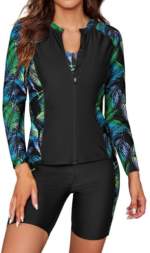 SHEKINI Women's 3 Pieces Long Sleeve Rush Guard Zip Front Athletic Swimsuit Sports Bra with Boyshort Bottoms Tankini Swimwear, Yellow Green Leaf, Large
