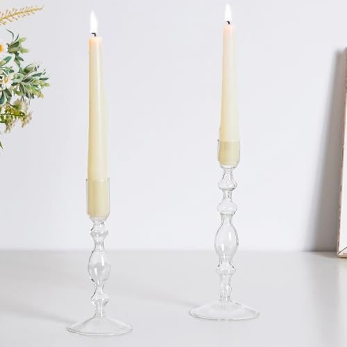 Hewory 2pcs Clear Glass Candlestick Holders for Dinner Table Decorations