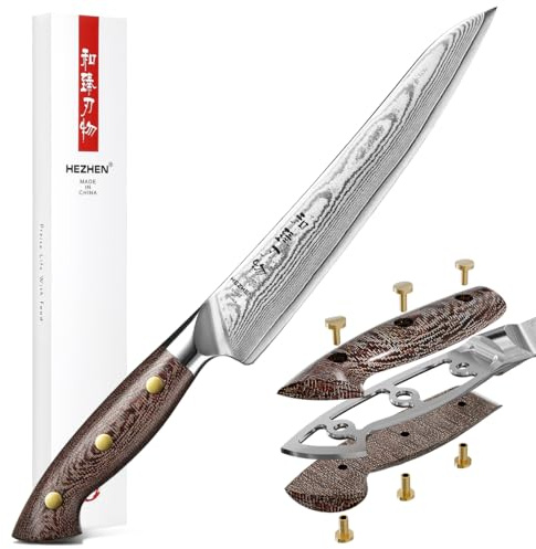 HEZHEN 21 cm Fleischmesser Damastmesser, Damast Tranchiermesser | Chinesisch VG10 Damaststahl,10Cr15CoMoV Stahlkern,Full Tang Griff aus Micarta,für Rechts und Linkshänder,Geschenkbox