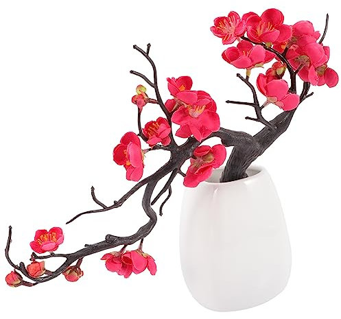Cabilock Flor de Ciruelo Artificial en Maceta Decorativa para Sala y Jardín, Planta de Cerámica Realista
