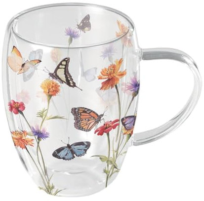 Ambiente Kaffee/Teeglas 350ml Tasse für Heiss- und Kaltgetränke Borosilikatglas doppelwandig Serie butterfly garden Blumen Garten Sommer Schmetterlinge