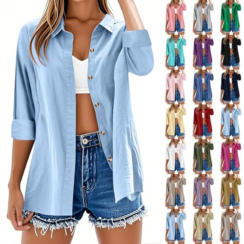 Womens Tops Long Sleeve Casual Button Down Cotton Linen Shirts Solid Color Summer Tshirts V Neck Roll Up Collared Loose Oversized Tees Lightweight Dressy Blouses Office Work Ladies Tunic Tops